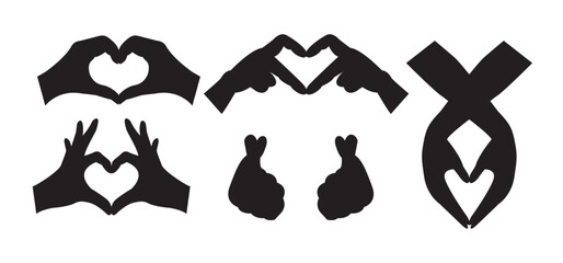 Heart Hands Gesture Vector Set. Black Silhouette Love Hand Icons.