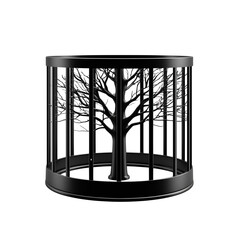 Abstract black tree sculpture in circular cage design  
