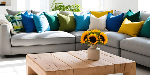 Bright Living Room with Gray Sectional, Colorful Cushions, and Sunflowers on Wooden Table

