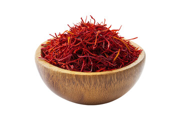 Fototapeta premium Saffron in a wooden bowl on a white isolated on a transparent background in PNG format.