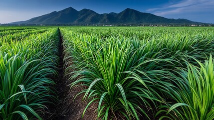 Lemongrass plantation neat rows of long grass swaying in wind expansive tropical farmland in clear daylight