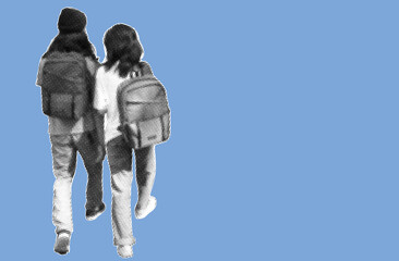 Rear view couple of students with backpack walking away pixelate grayscale color halftone dotted texture style collage element isolated on blue background. full length. long hair.