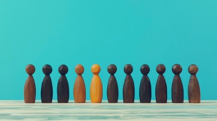 Wooden figures in a row, one different color.  Concept of diversity, inclusion, individuality, and standing out.