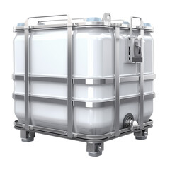 Industrial plastic water tank in metal cage for storage  