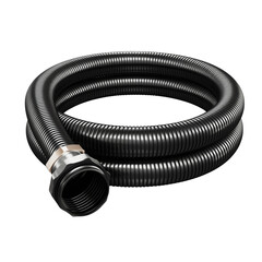 Black flexible hose coiled with metal connector for plumbing use  