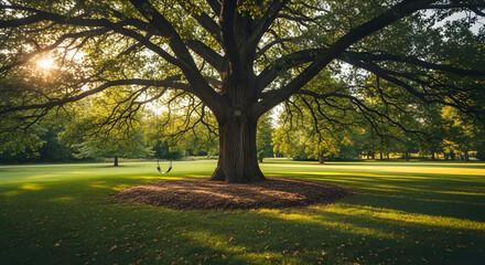 Obraz premium Background wallpaper of majestic tree with sprawling branches in sunlit park on grass 