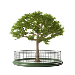 Green tree in a circular metal enclosure on a white background  