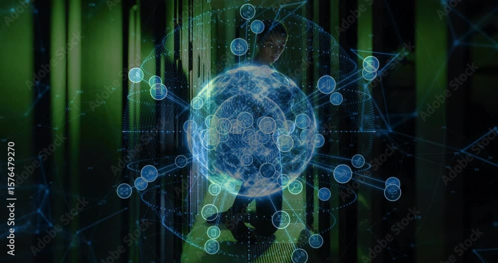 Poster data specialist walking corridor and starting holographic globe network growth for tech data hub