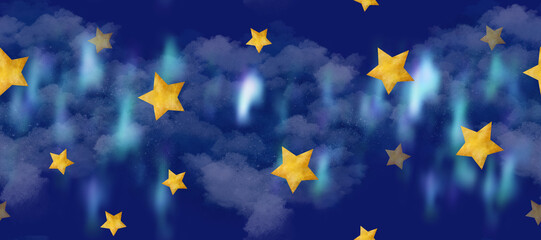 Dark blue sky, fluffy clouds, golden stars, nebula make up this space of seamless border watercolor clip art. Watercolor. Great for invitation cards, stationery or children's product packaging