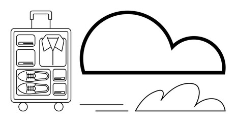 Organized suitcase with clothes and shoes beside dynamic cloud patterns. Ideal for travel, packing, organization, adventure, vacation, simplicity, preparation themes. A clean simple flat metaphor