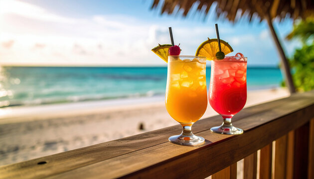 Two colorful cocktails sit on a wooden railing, overlooking a stunning beach at sunset, embodying tropical relaxation and paradise vibes.