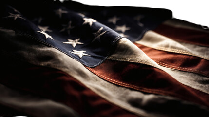 A closeup, detailed view of the american flag, showcasing its iconic stars and stripes with a sense of weathered texture isolated on transparent background