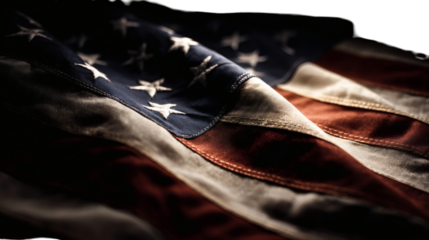 A closeup, detailed view of the american flag, showcasing its iconic stars and stripes with a sense of weathered texture isolated on transparent background