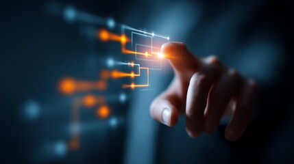 Hand Touching Digital Holographic Interface with Glowing Nodes for Virtual Reality Interaction, Progressive Technological Innovation and Advanced Connectivity Solutions, Cutting-Edge Cyber Experience 