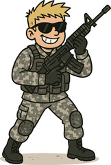 Cartoon soldier in camouflage uniform, holding rifle, sunglasses, confident stance, military character, tactical gear, combat ready, army illustration