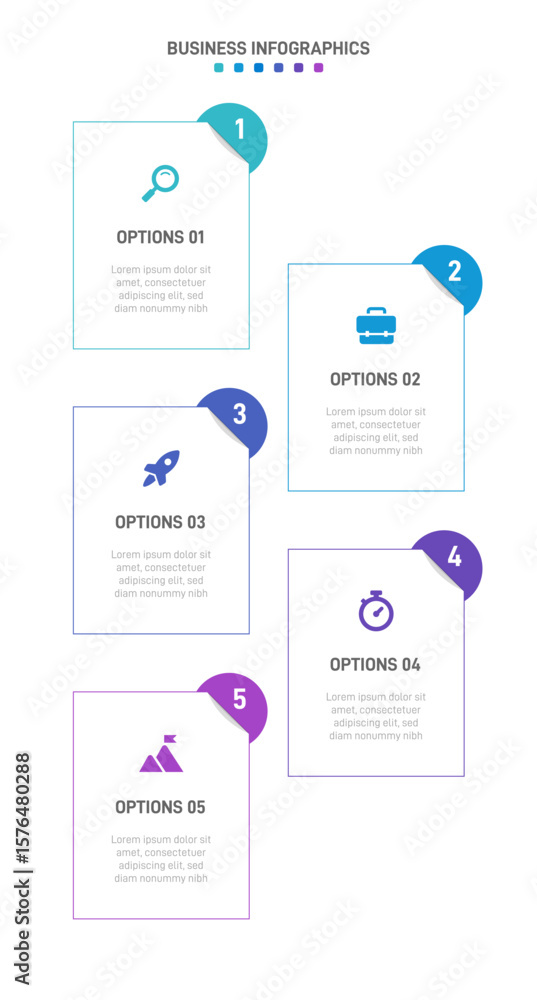 Poster vertical progress bar featuring 5 arrow-shaped elements, symbolizing the five stages of business str