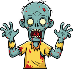 Spooky Green Zombie Cartoon Character with Bloody Ripped Clothes and Open Mouth, Reaching Out, Perfect for Halloween, Horror, Undead, and Monster-Themed Designs and Decorations for Kids and Adults
