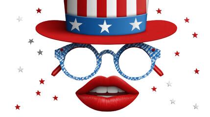 A festive patriotic face composed of an uncle sam hat, open red lips, and starpatterned glasses, surrounded by scattered stars isolated on transparent background