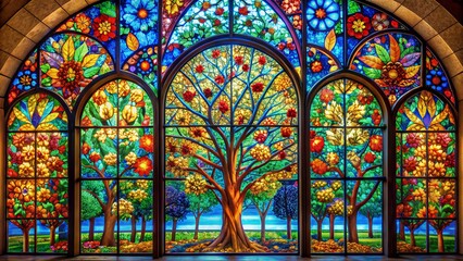 Vibrant Stained Glass Window Depicting a Tree of Life and Floral Motifs
