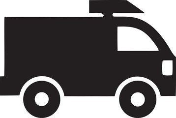 Black silhouette of a delivery van with a roof box isolated on a white background