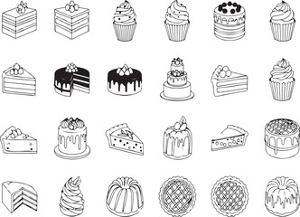 Cake & Dessert Line Art Icons: Minimalist Black and White Vector Set of Tiered Cakes, Cupcakes & Pastries