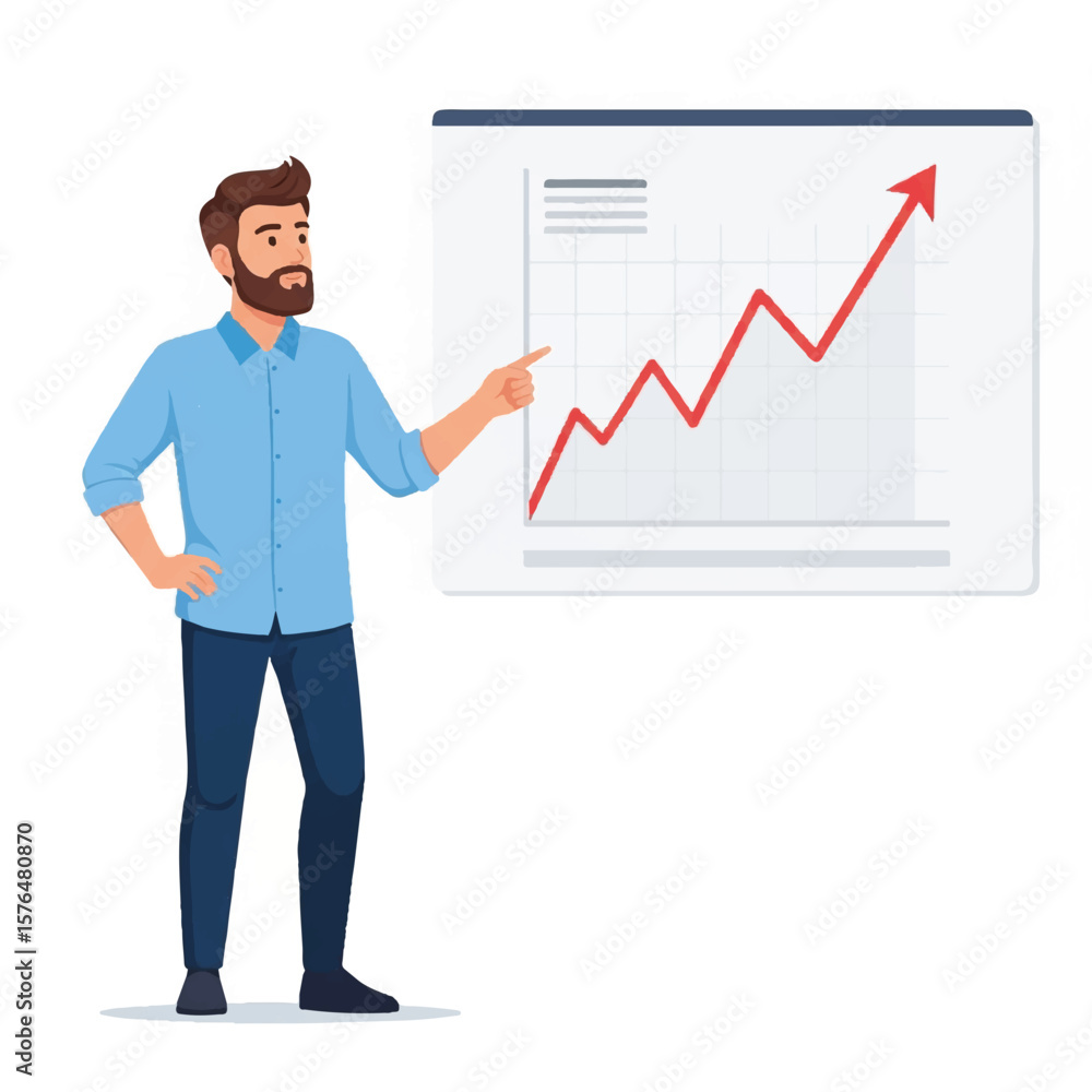 Poster man pointing at upward trend chart in business presentation setting