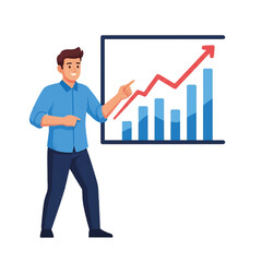 Professional man pointing at upward trend chart with enthusiasm  