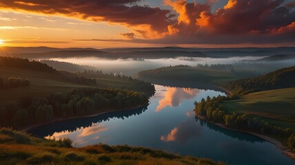 Serene Sunrise Over Misty Valley Reflecting in Still Water