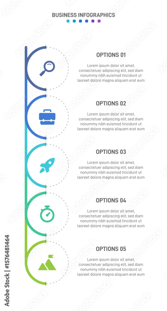 Poster vertical progress bar featuring 5 arrow-shaped elements, symbolizing the five stages of business str
