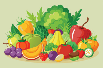Vibrant illustration showcasing a diverse collection of fresh fruits and vegetables, emphasizing health and nutrition. Perfect for promoting healthy eating and lifestyle concepts.