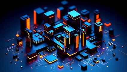 Futuristic Metropolis of Electronic Components Reflecting Neon Lights, A High-Tech Cityscape on a Circuit Board