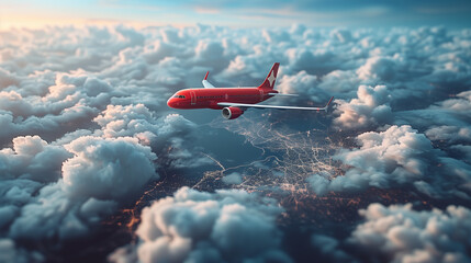 An airplane flying through the clouds at sunset, view of the airplane from above.