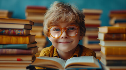 boy with glasses sits at a table piled with books and holds a book in his hands.