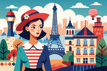 Illustration of an elegant woman in a Parisian landscape featuring the Eiffel Tower. A blend of vintage style and vibrant colors captures the essence of Parisian charm and culture.