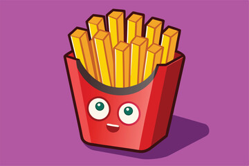 Illustration of a box of French fries with a smiling, cartoon style face on a purple background. Perfect for food themed designs, fun childrens projects, or playful promotional materials.