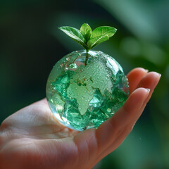 Green Planet Earth rests on human palms, symbolizing ecology and environmental protection,