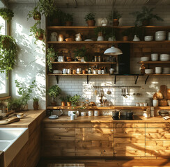 Interior of a large Rustic Kitchen with shelves for dishes and a large window