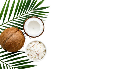 Fresh Coconuts and Flakes with Tropical Palm Leaf Flat Lay