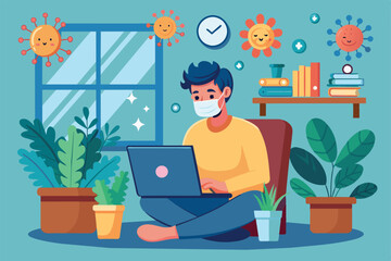 Illustration of a man in a mask using a laptop at home, surrounded by plants and books, symbolizing remote work during the pandemic.