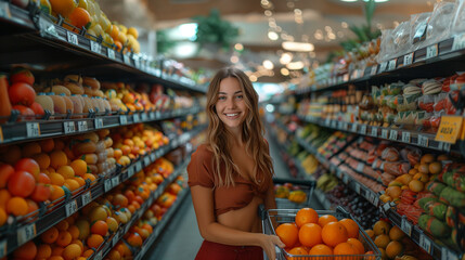 Young woman with a cart buying oranges in a supermarket
