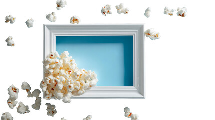A white picture frame filled with fluffy popcorn, surrounded by scattered popcorn kernels against a clean transparent background with a subtle blue interior