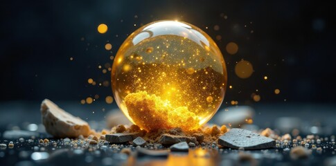 Fragmented gold sphere suspended in shattered crystal, geometric, crystal, decaying
