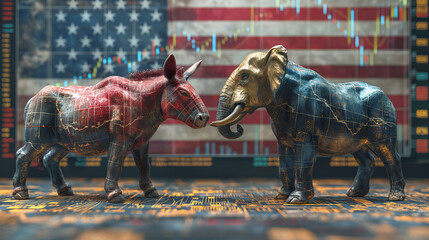 Republican elephant, Democratic donkey on the background of the flag. The iconic symbols of the United States, Stock charts on the background.