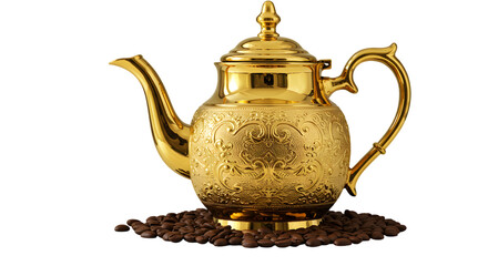 Ornate Golden Teapot Surrounded by Coffee Beans