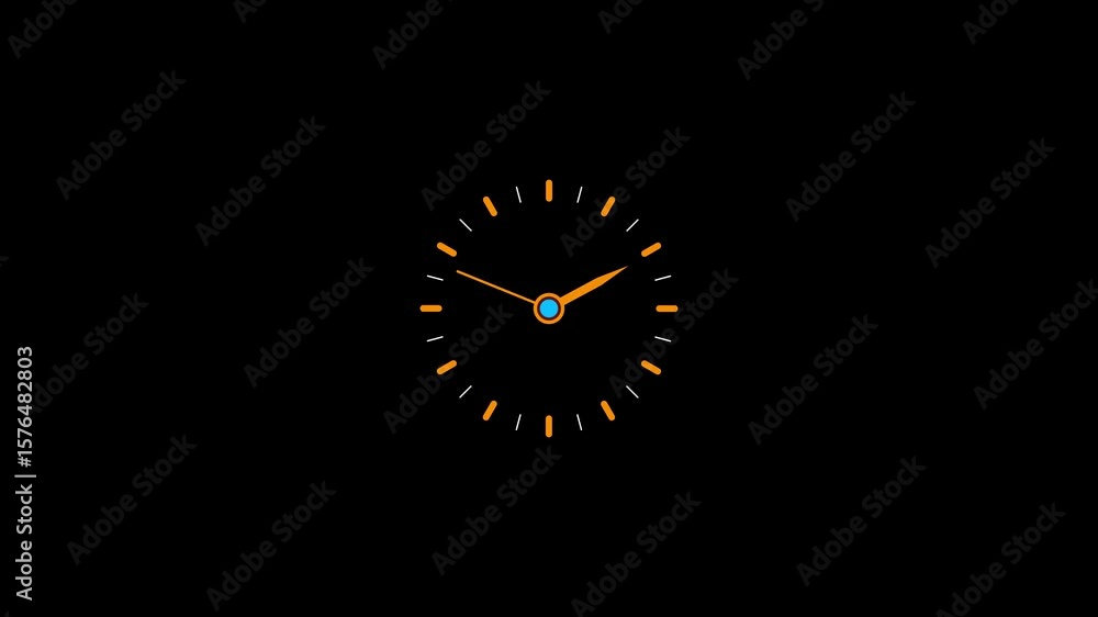 Poster clock icon with moving arrows in 12 hour loop. stopwatch animation. solid black background.