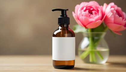 Elegant Amber Dispenser with Floral Vase on Wooden Surface