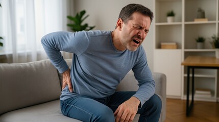 Fototapeta premium Chronic Back Pain: A man hunched over in pain clutches his back, reflecting the struggles of chronic lower back discomfort.