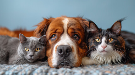 Saint Bernard and two cats are lying on the sofa.