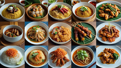 "Asian Dishes Collage with Rice, Noodles, and Skewers" Fifteen Asian dishes including rice, noodles, skewers, and garnishes, styled in a vibrant top-view collage of traditional flavors and textures.