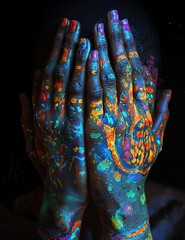 Close-up of hands covered in glowing neon body paint under blacklight. Artistic expression with vivid fluorescent colors, creating a mystical, tribal, and creative atmosphere in dark lighting.